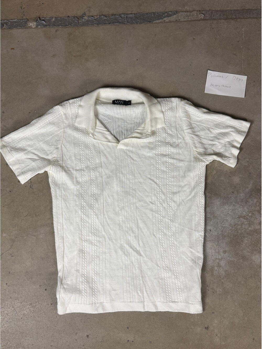 BoohooMAN White Cable Knit Polo Shirt Men’s Large Short Sleeve Textured Retro